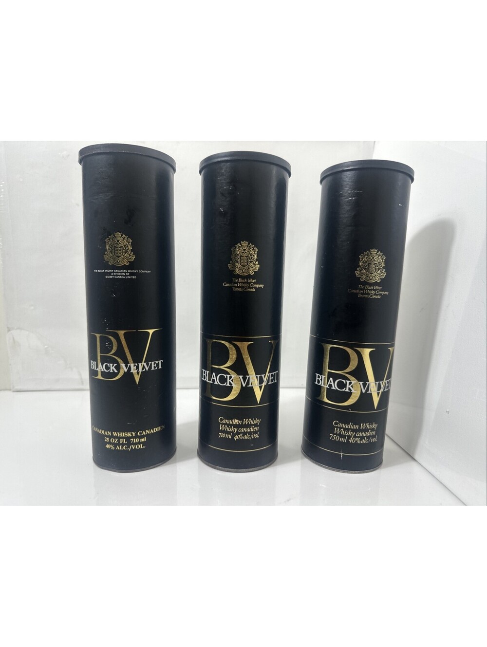 3 Vintage 1970s Black Velvet Canadian Whisky Tin Canister Tube Empty Bar Lot